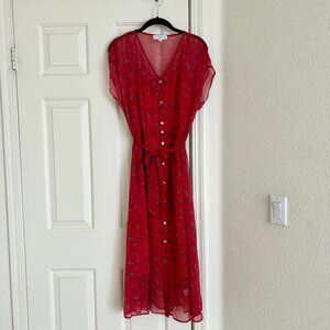 Amour Vert Marianna Silk Chiffon Red Floral Midi Dress Size Small